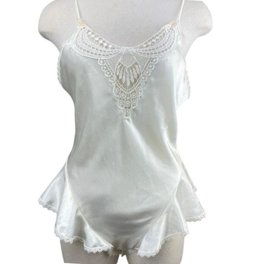 Vintage INDULGENCE Womens (M) Ivory Satin Teddy Bodysuit Lingerie Y2K Bridal USA